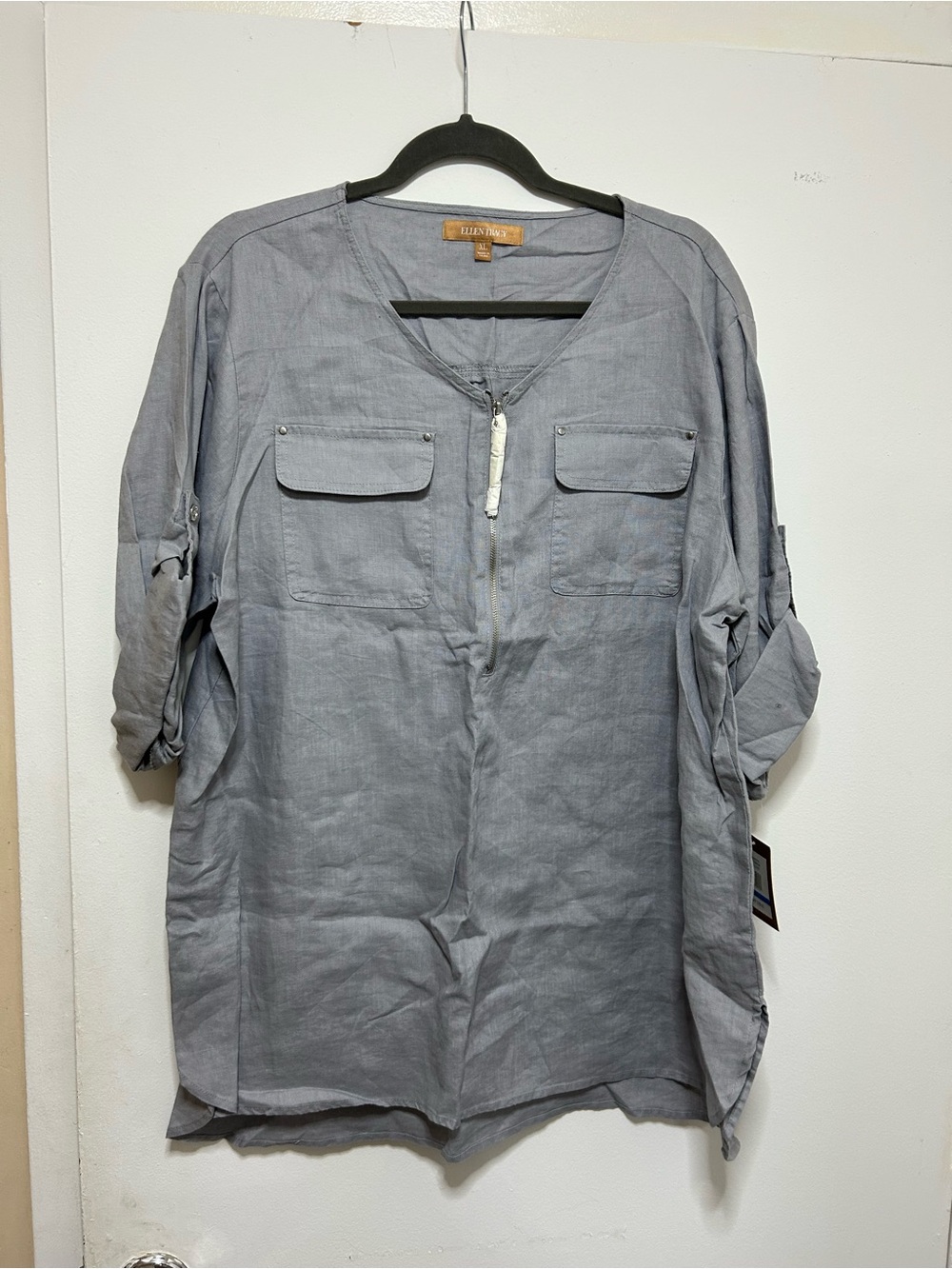 Ellen Tracy Gray Linen Zip-Front Utility Tunic